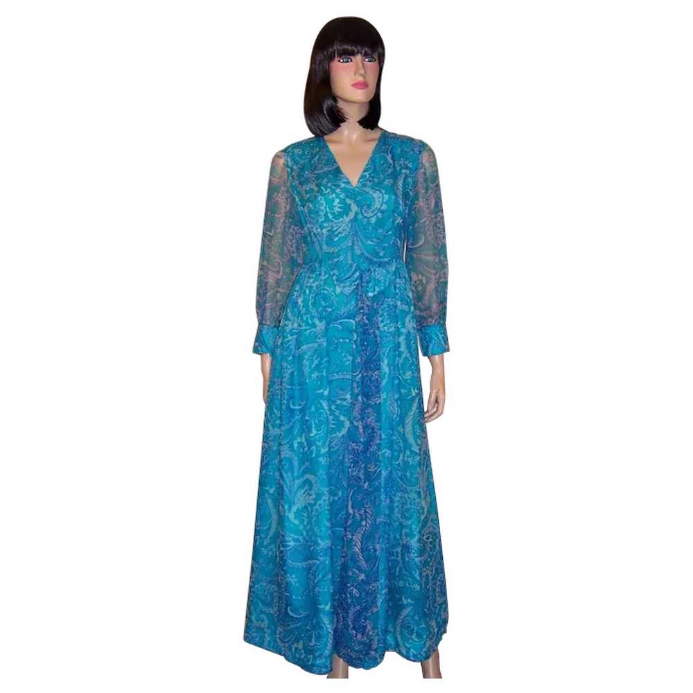 1960's Turquoise Printed Paisley Chiffon Gown - image 1