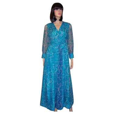 1960's Turquoise Printed Paisley Chiffon Gown