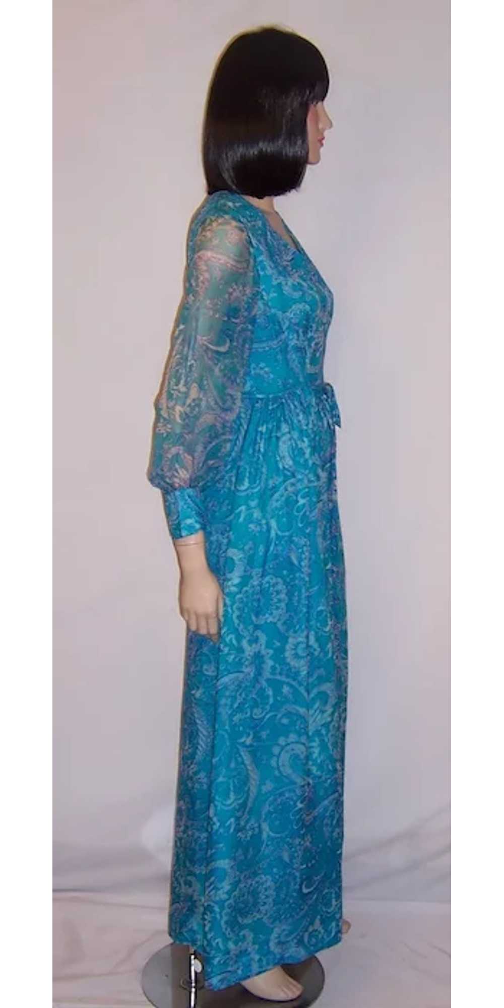 1960's Turquoise Printed Paisley Chiffon Gown - image 2