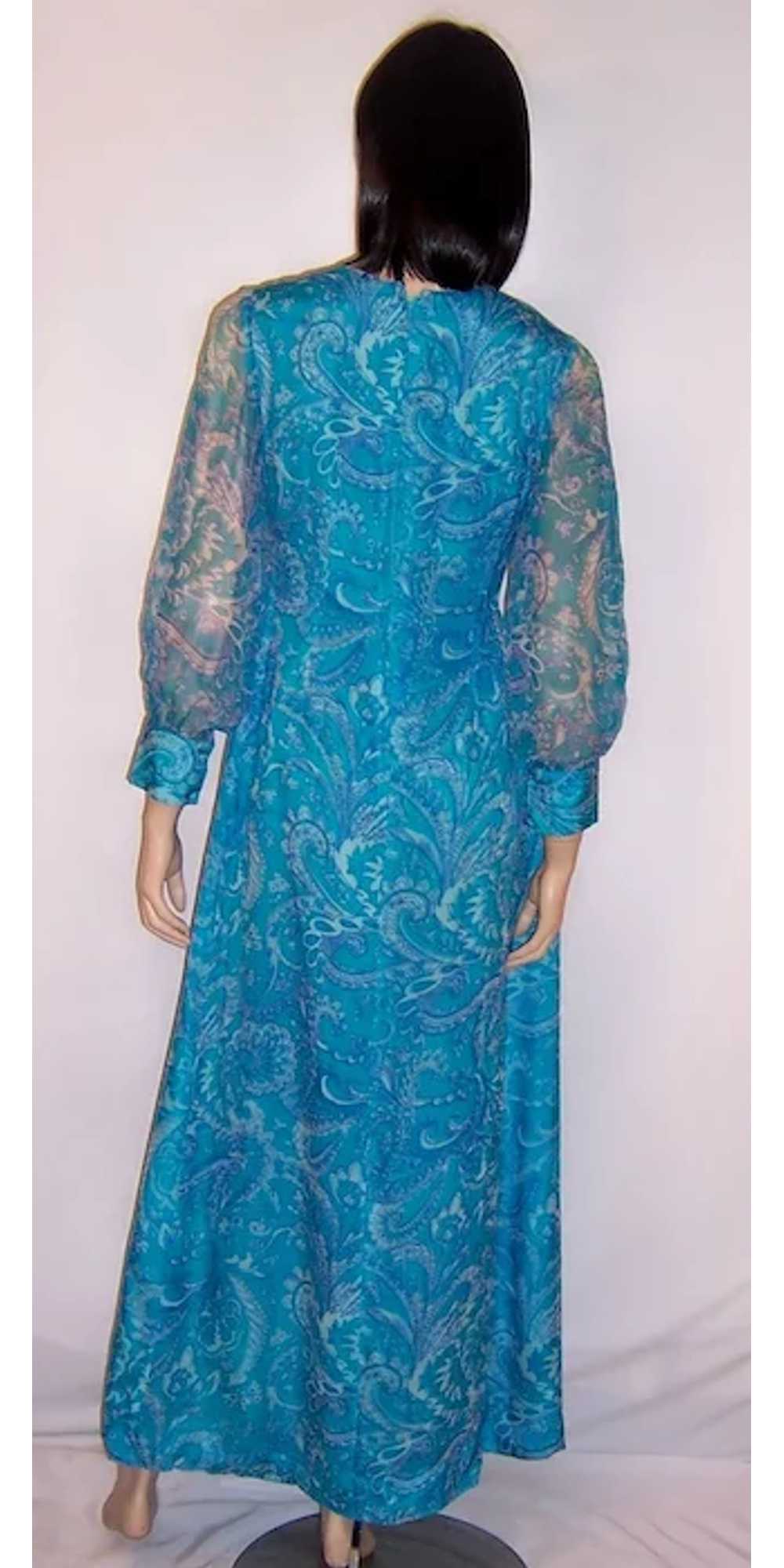 1960's Turquoise Printed Paisley Chiffon Gown - image 3