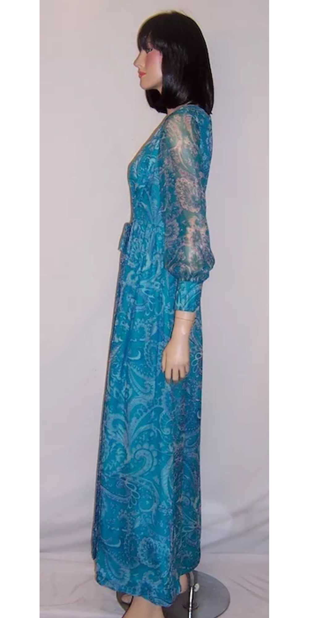 1960's Turquoise Printed Paisley Chiffon Gown - image 4
