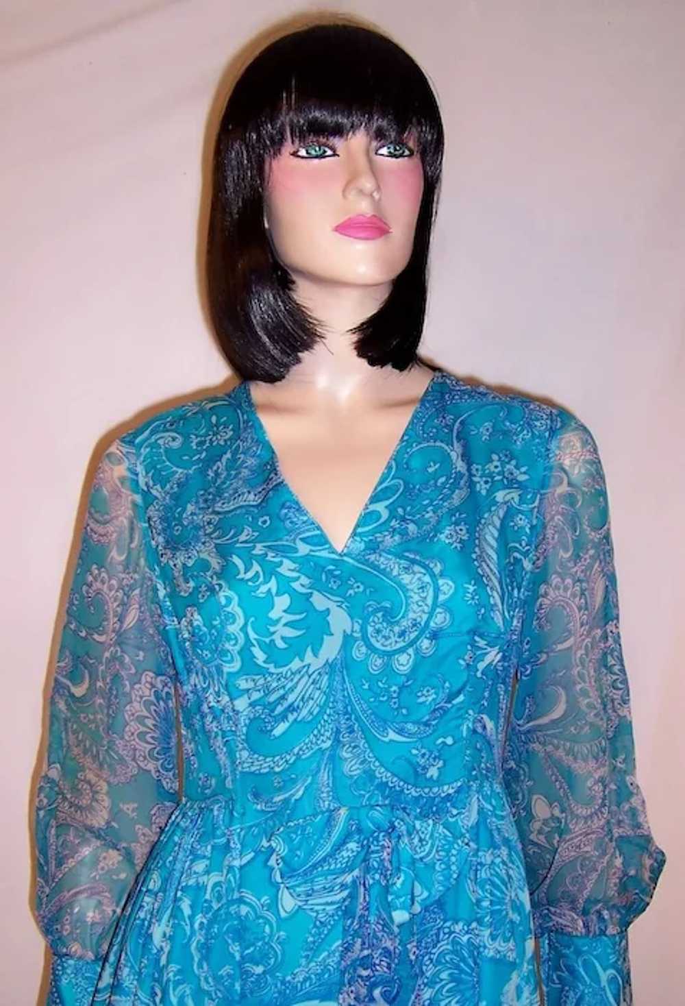 1960's Turquoise Printed Paisley Chiffon Gown - image 5