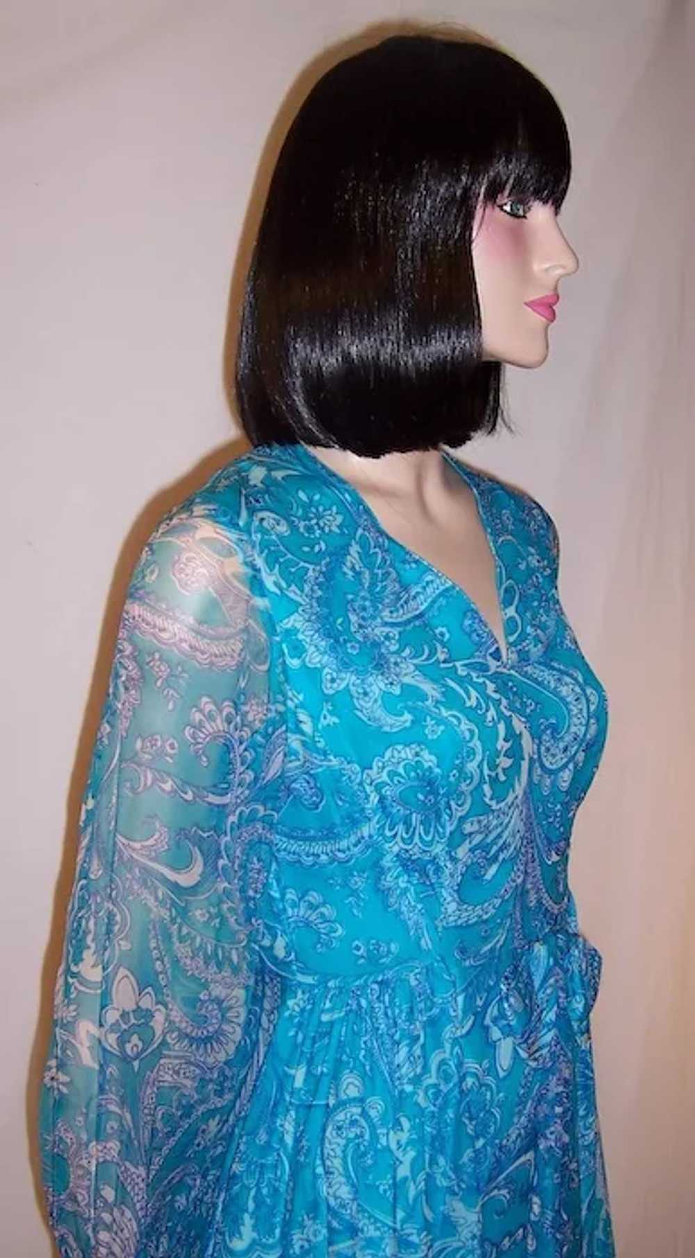 1960's Turquoise Printed Paisley Chiffon Gown - image 6