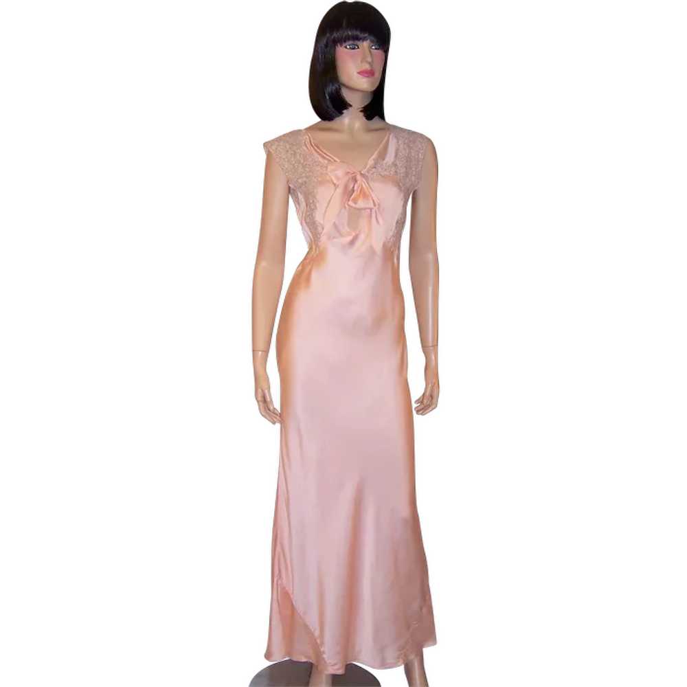 1930's Pale Pink Silk Negligee Trimmed in Mocha C… - image 1