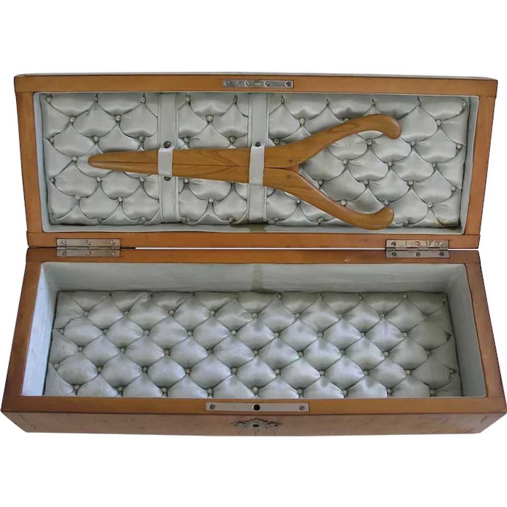Antique Silk Tufted Wood Glove Box w/ Original Wo… - image 1