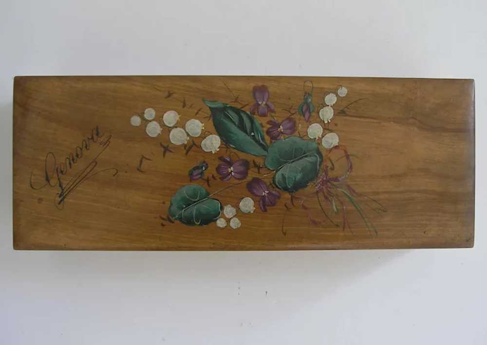 Antique Silk Tufted Wood Glove Box w/ Original Wo… - image 6