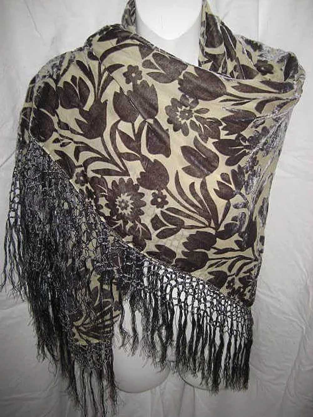 Floral Gray Voided Cut Velvet & Rayon Shawl with … - image 1