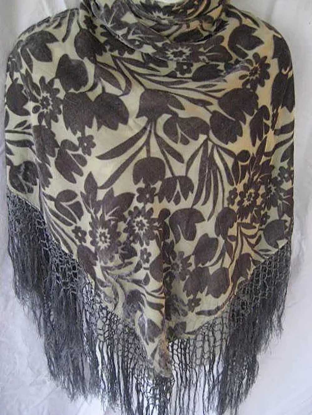 Floral Gray Voided Cut Velvet & Rayon Shawl with … - image 2