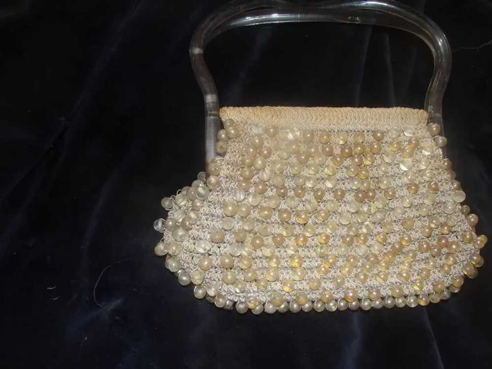 Lucite Handle Crocheted Beaded Handbag - b23 - image 1