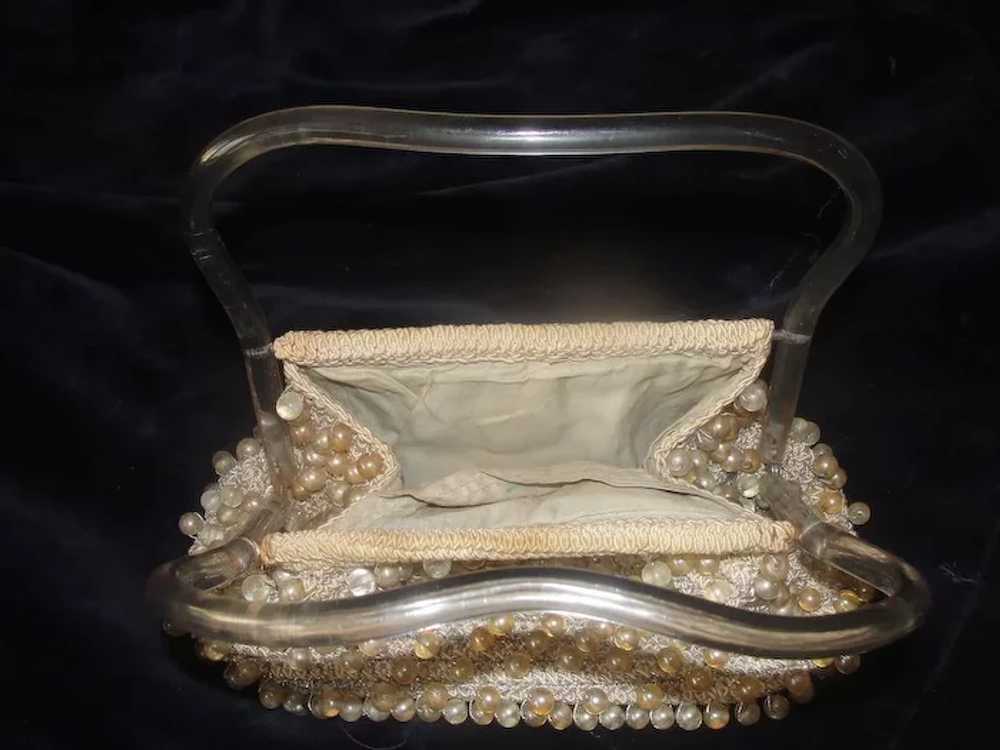 Lucite Handle Crocheted Beaded Handbag - b23 - image 2