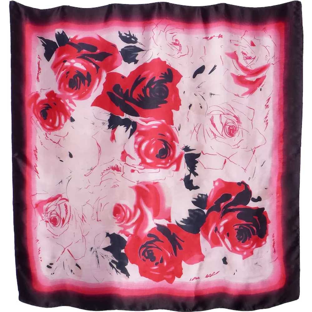 Red Roses Watercolor Print Silk Scarf 1990s - image 1