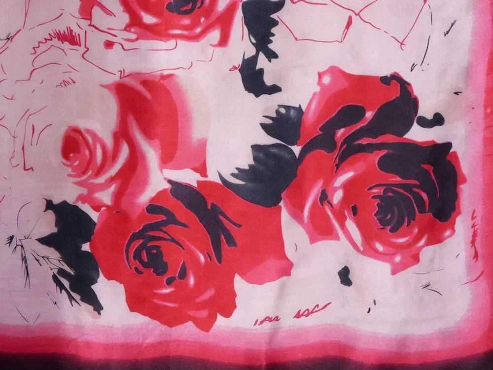 Red Roses Watercolor Print Silk Scarf 1990s - image 3