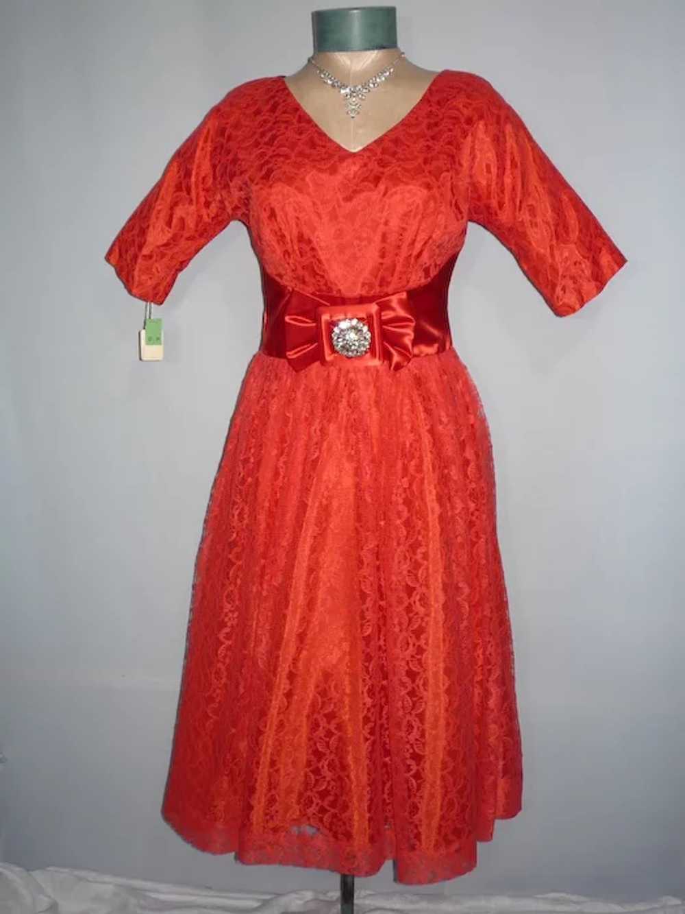 Vintage 1950s Red Chantilly Lace Party Dress - image 1