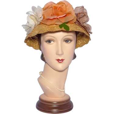 Vintage 1950s Straw Hat Large Silk Organdy Roses