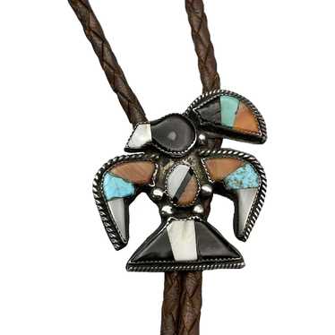 Early Native American Sterling Inlaid Bolo Tie
