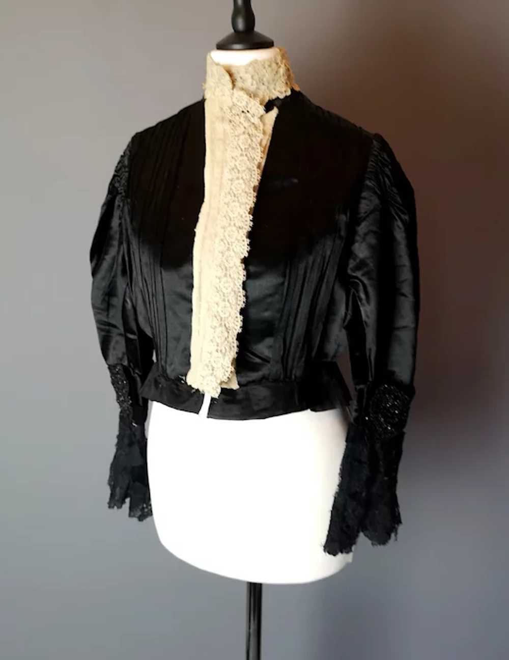 Victorian black satin blouse, cream lace, jet bead - image 10