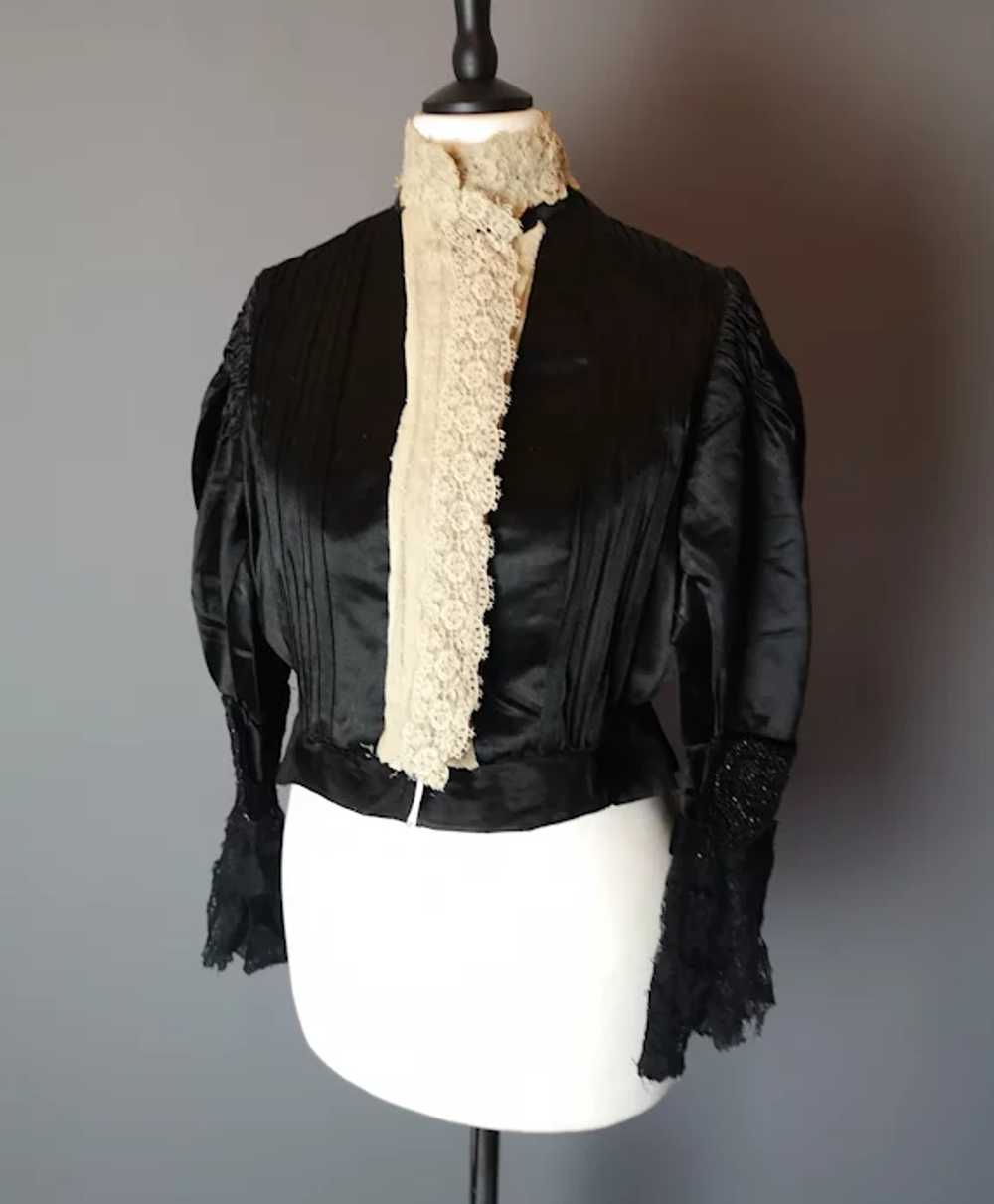Victorian black satin blouse, cream lace, jet bead - image 12