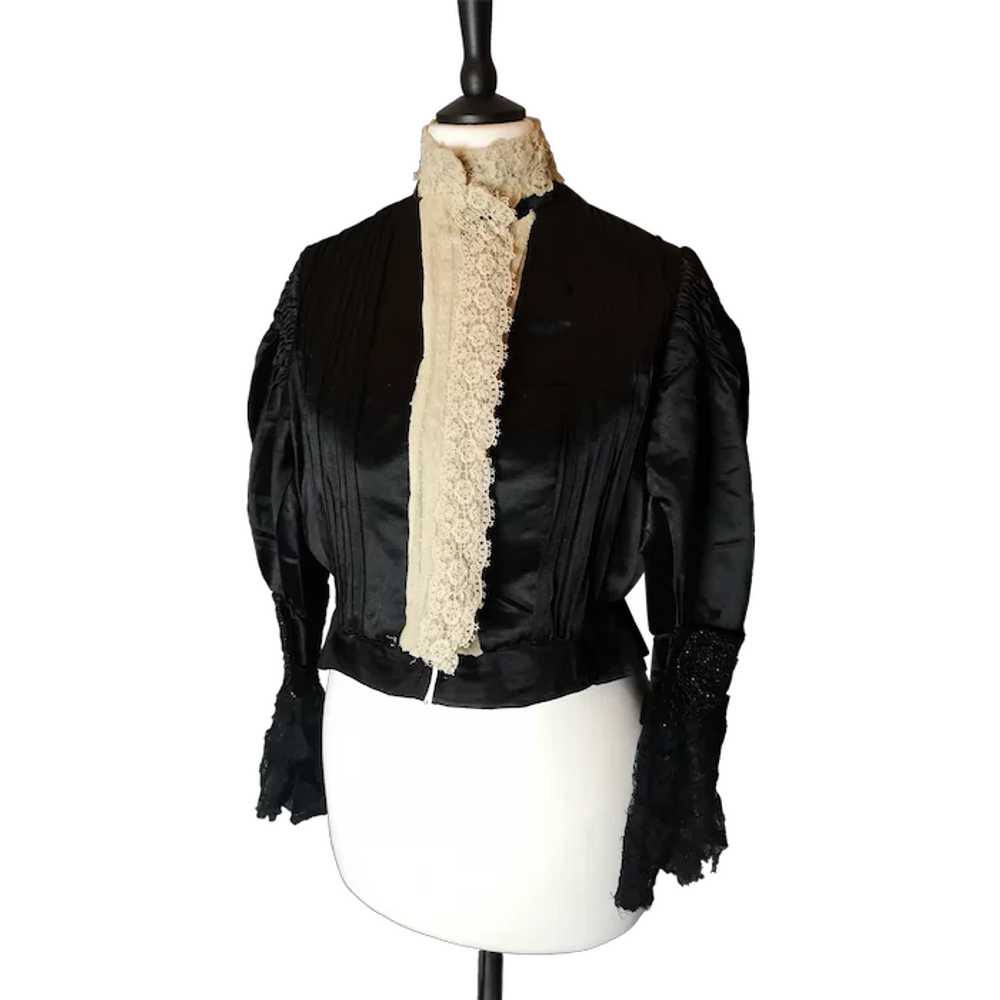 Victorian black satin blouse, cream lace, jet bead - image 1