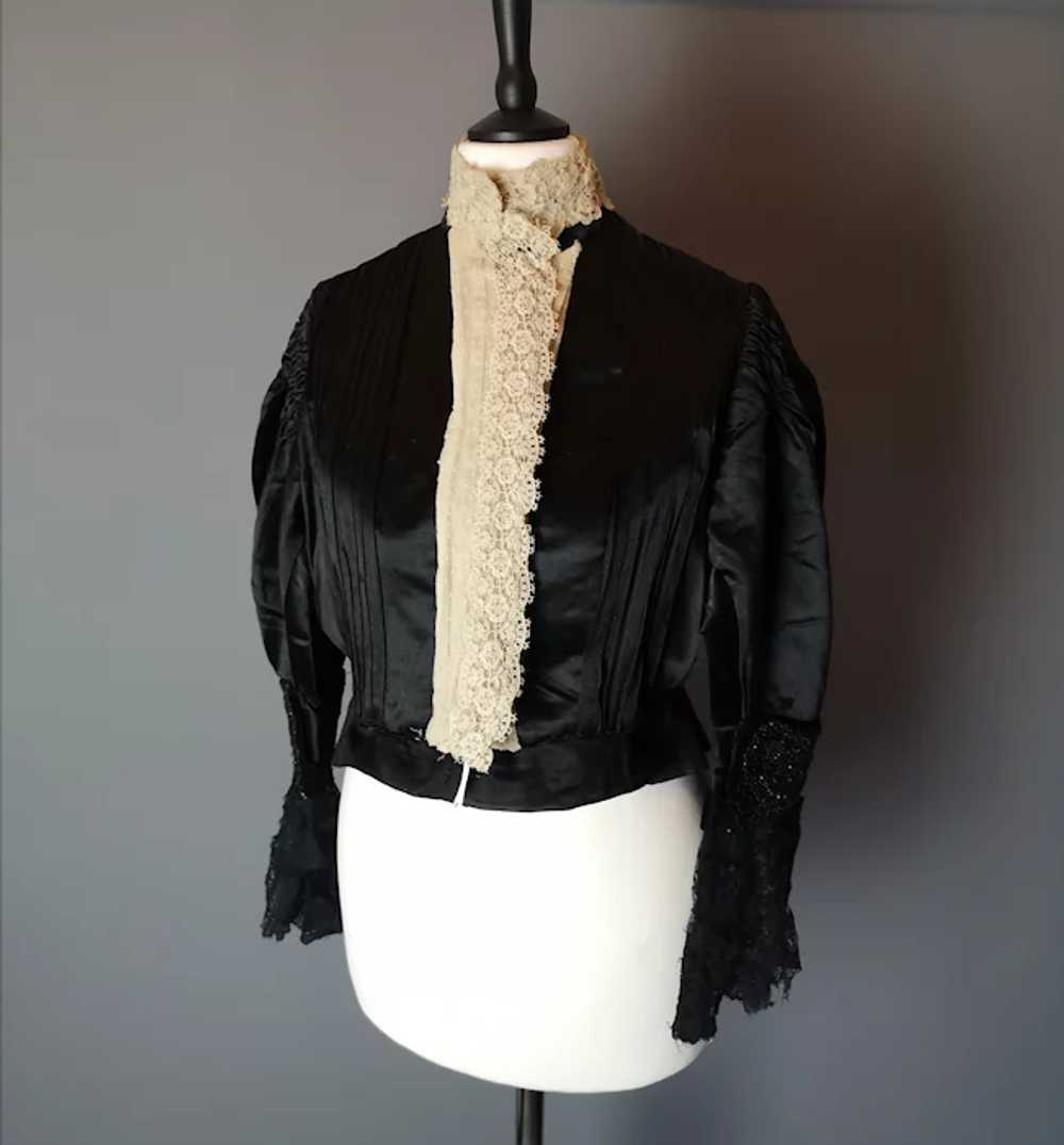 Victorian black satin blouse, cream lace, jet bead - image 2