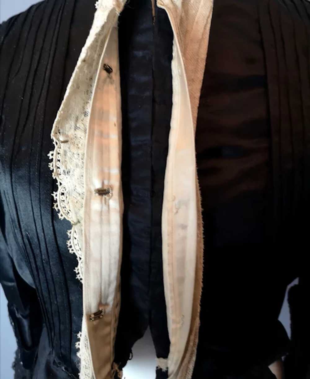 Victorian black satin blouse, cream lace, jet bead - image 3