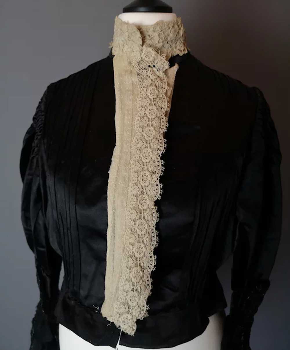 Victorian black satin blouse, cream lace, jet bead - image 4