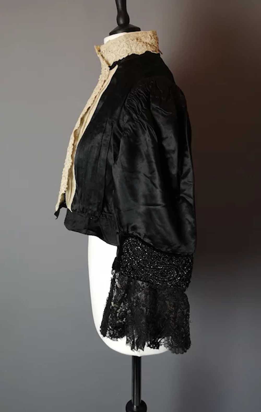 Victorian black satin blouse, cream lace, jet bead - image 5