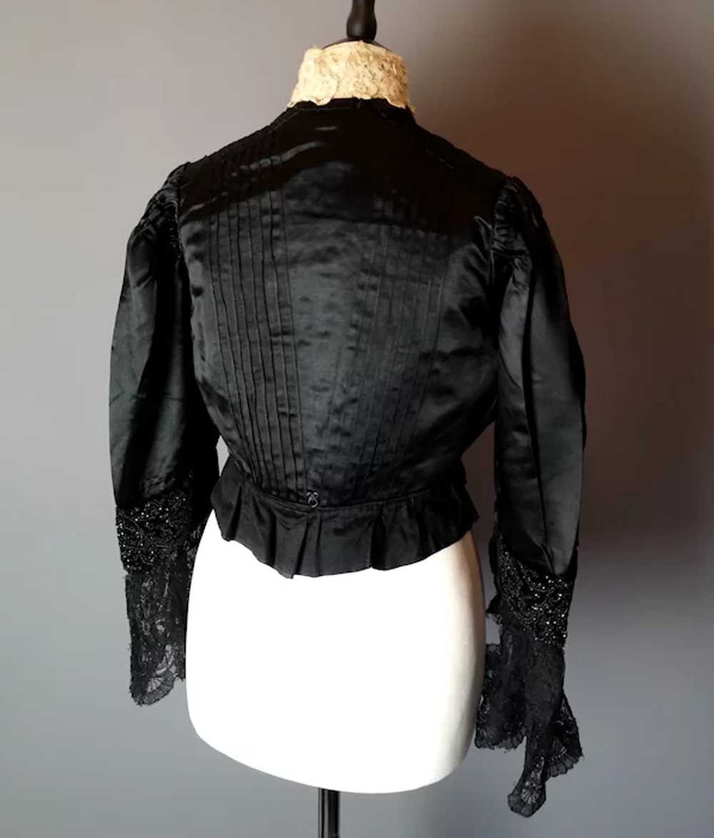 Victorian black satin blouse, cream lace, jet bead - image 7
