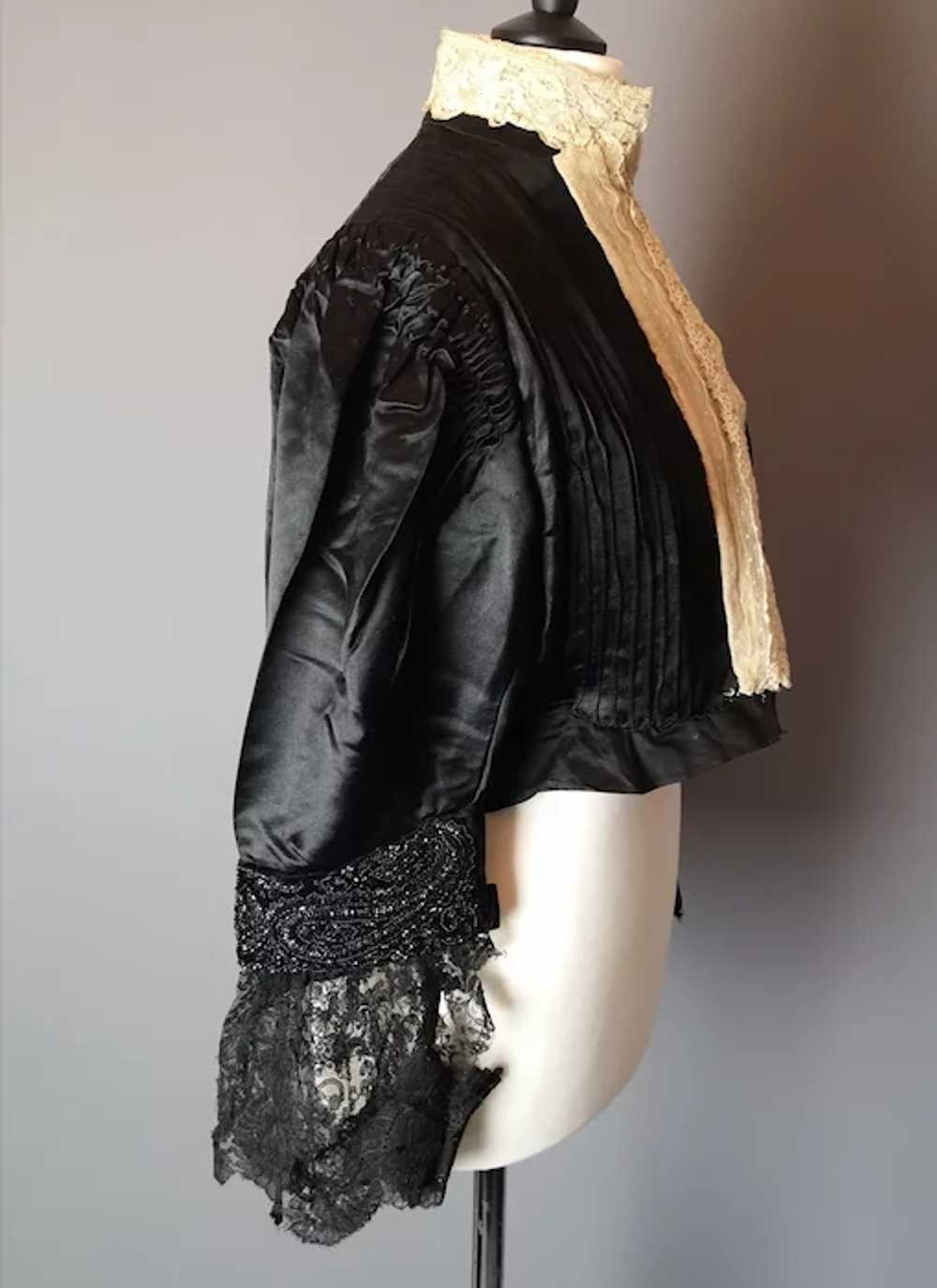 Victorian black satin blouse, cream lace, jet bead - image 8