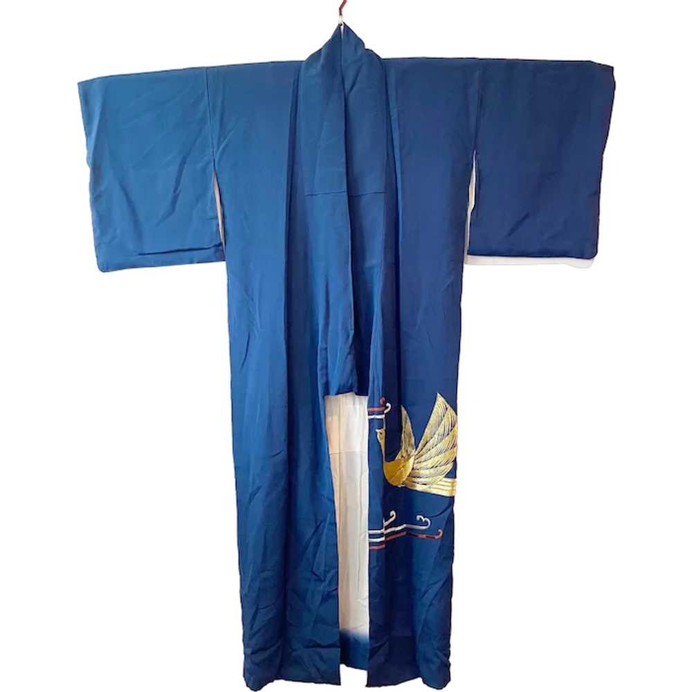K1.5 Vintage kimono in navy silk with a metallic … - image 1