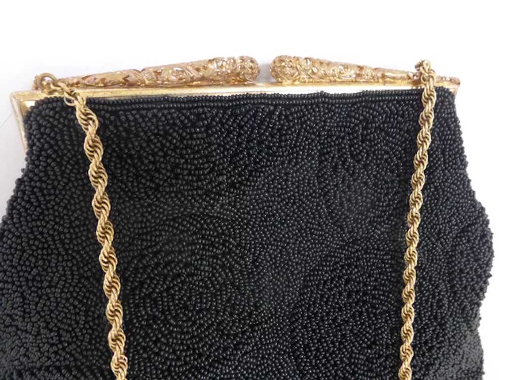 Vintage 1960's Black Beaded Purse w Filigreed Fra… - image 2