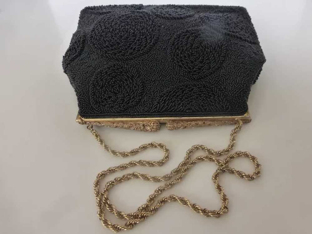 Vintage 1960's Black Beaded Purse w Filigreed Fra… - image 3