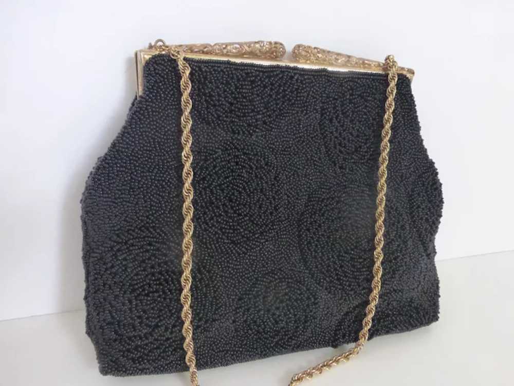 Vintage 1960's Black Beaded Purse w Filigreed Fra… - image 4