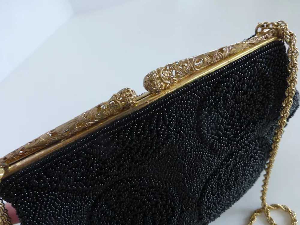 Vintage 1960's Black Beaded Purse w Filigreed Fra… - image 7