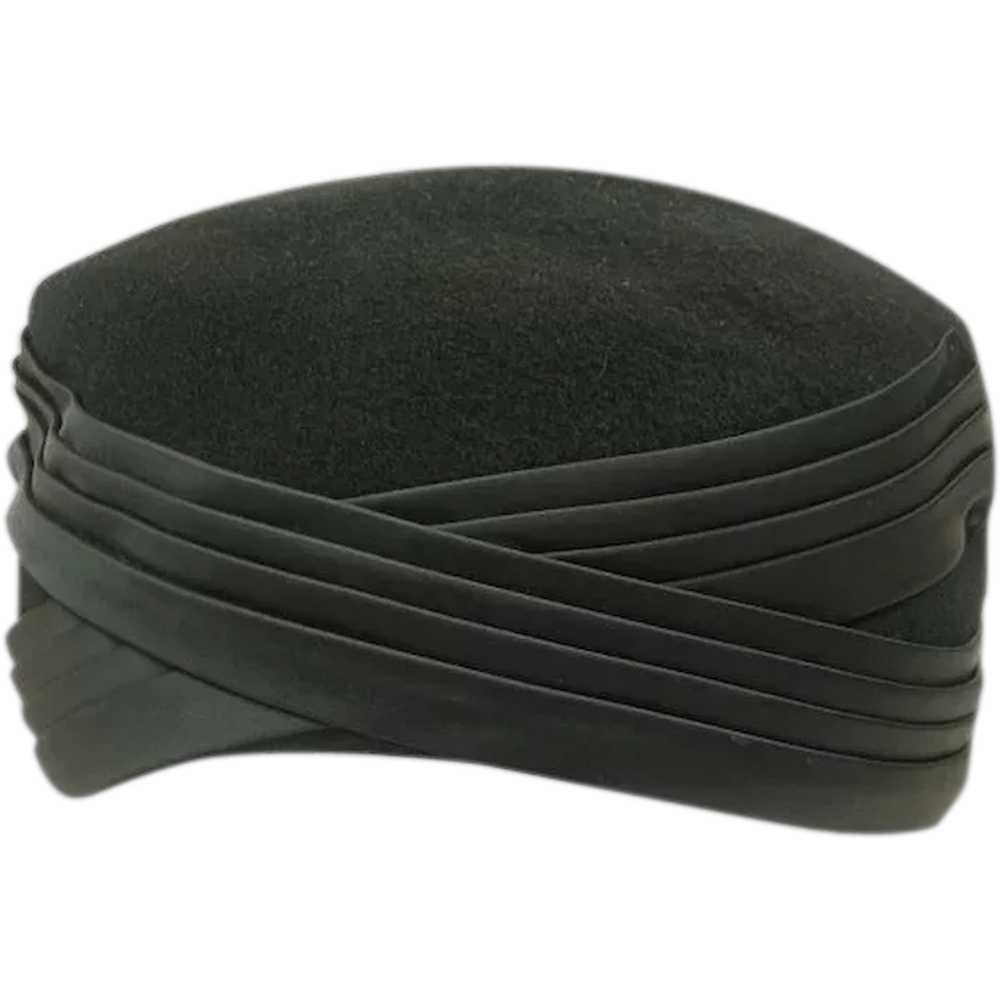 Vintage 1950's Black Wool Pillbox Hat with Satin … - image 1