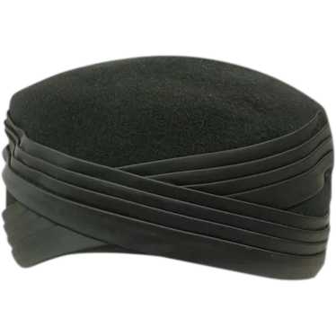 Vintage 1950's Black Wool Pillbox Hat with Satin … - image 1