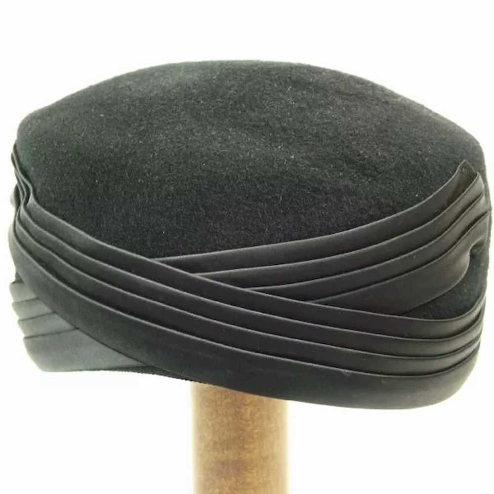 Vintage 1950's Black Wool Pillbox Hat with Satin … - image 2