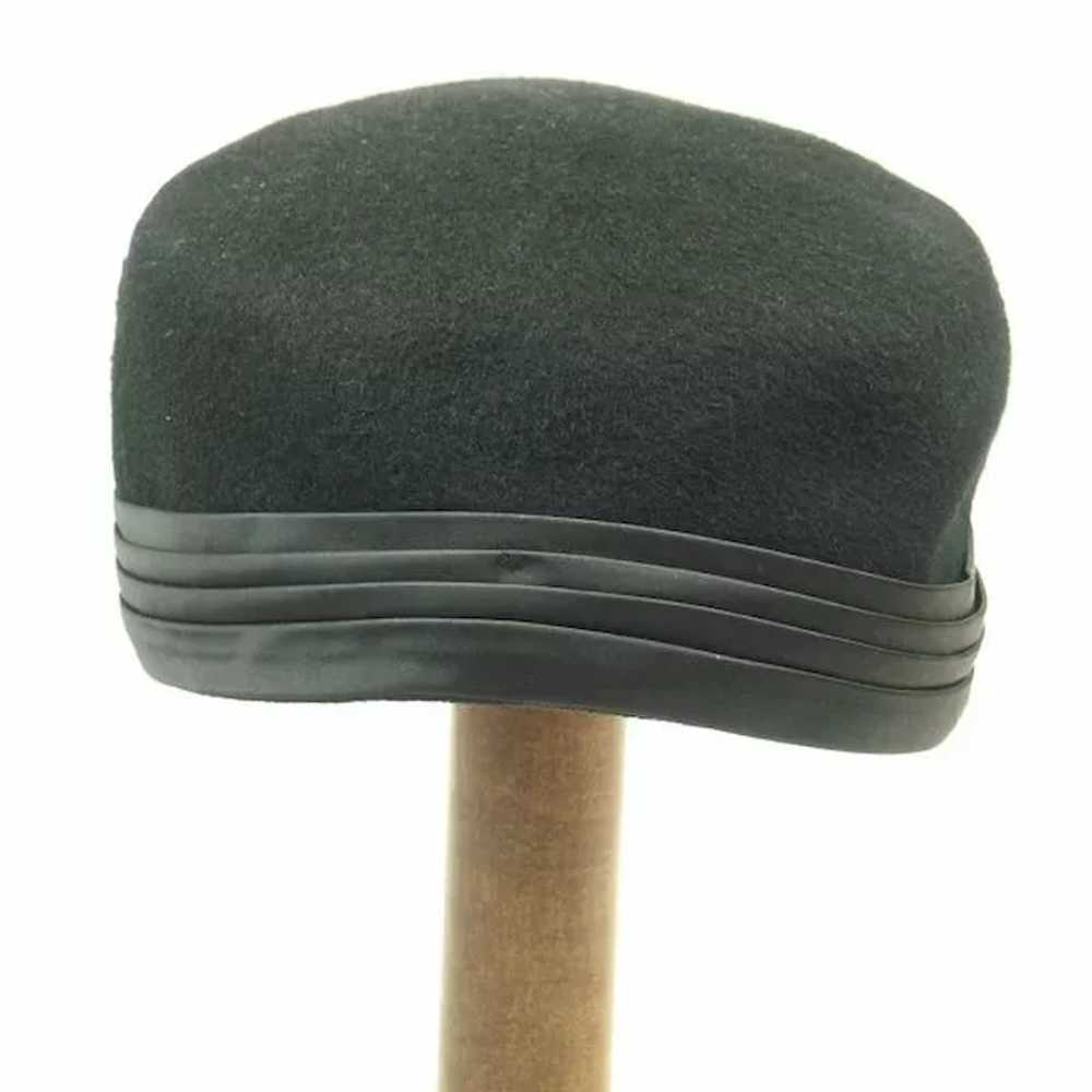 Vintage 1950's Black Wool Pillbox Hat with Satin … - image 6