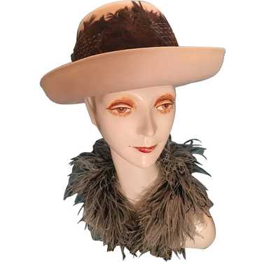 Vintage Brown Velvet & Feathers Hat 1960s, 22 to 23 inch head