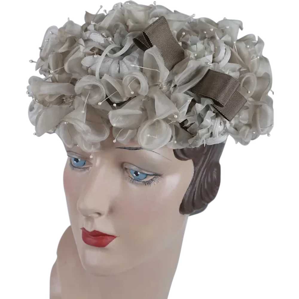 60s Taupe Silk Flowered Half Clip Hat - image 1