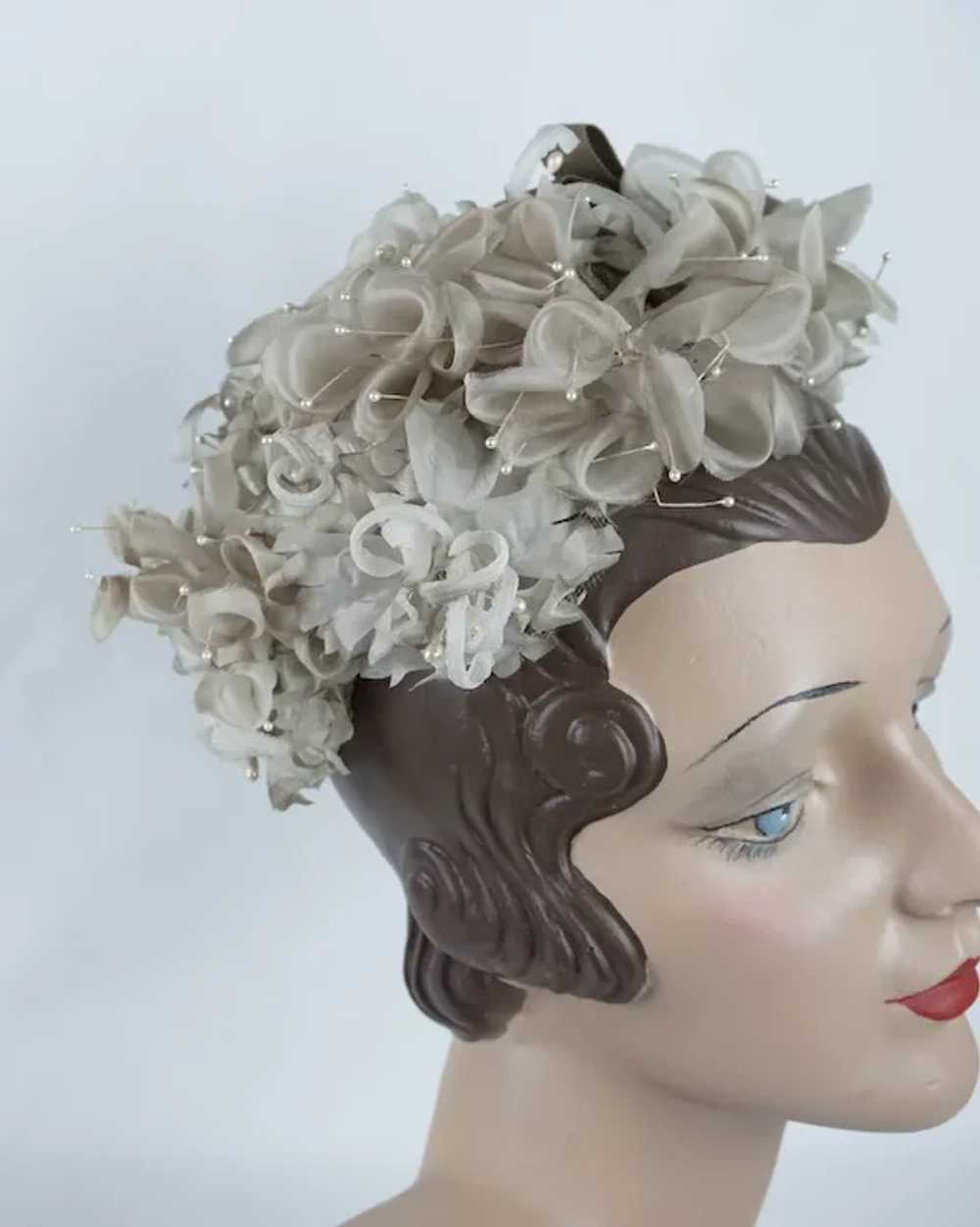 60s Taupe Silk Flowered Half Clip Hat - image 3