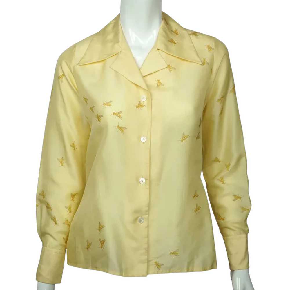 Vintage 1970s Silk Shirt Blouse Bee Pattern Lady … - image 1