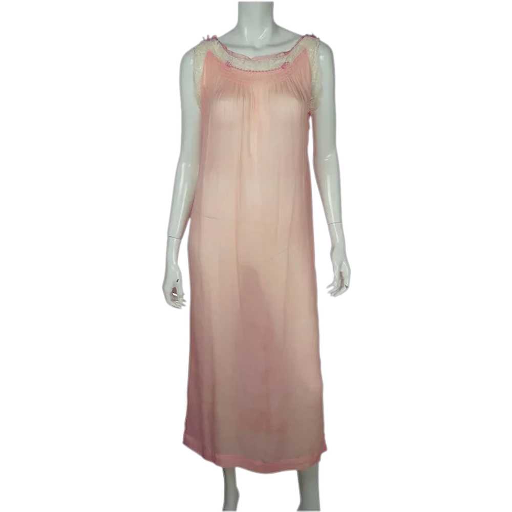 Vintage 1920s Pink Silk Chiffon Nightie with Lace… - image 1