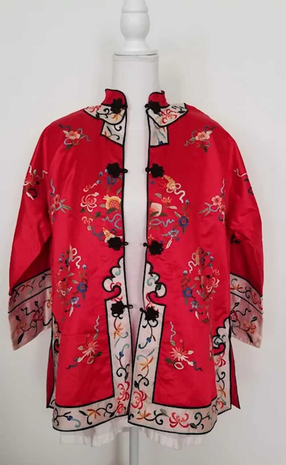 Vintage Red Silk Embroidered  Jacket, Sz Medium - image 3