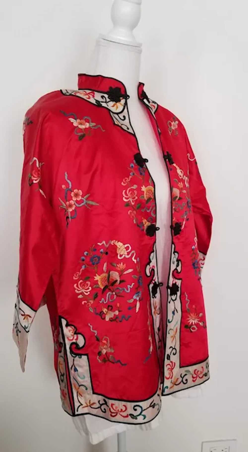 Vintage Red Silk Embroidered  Jacket, Sz Medium - image 4