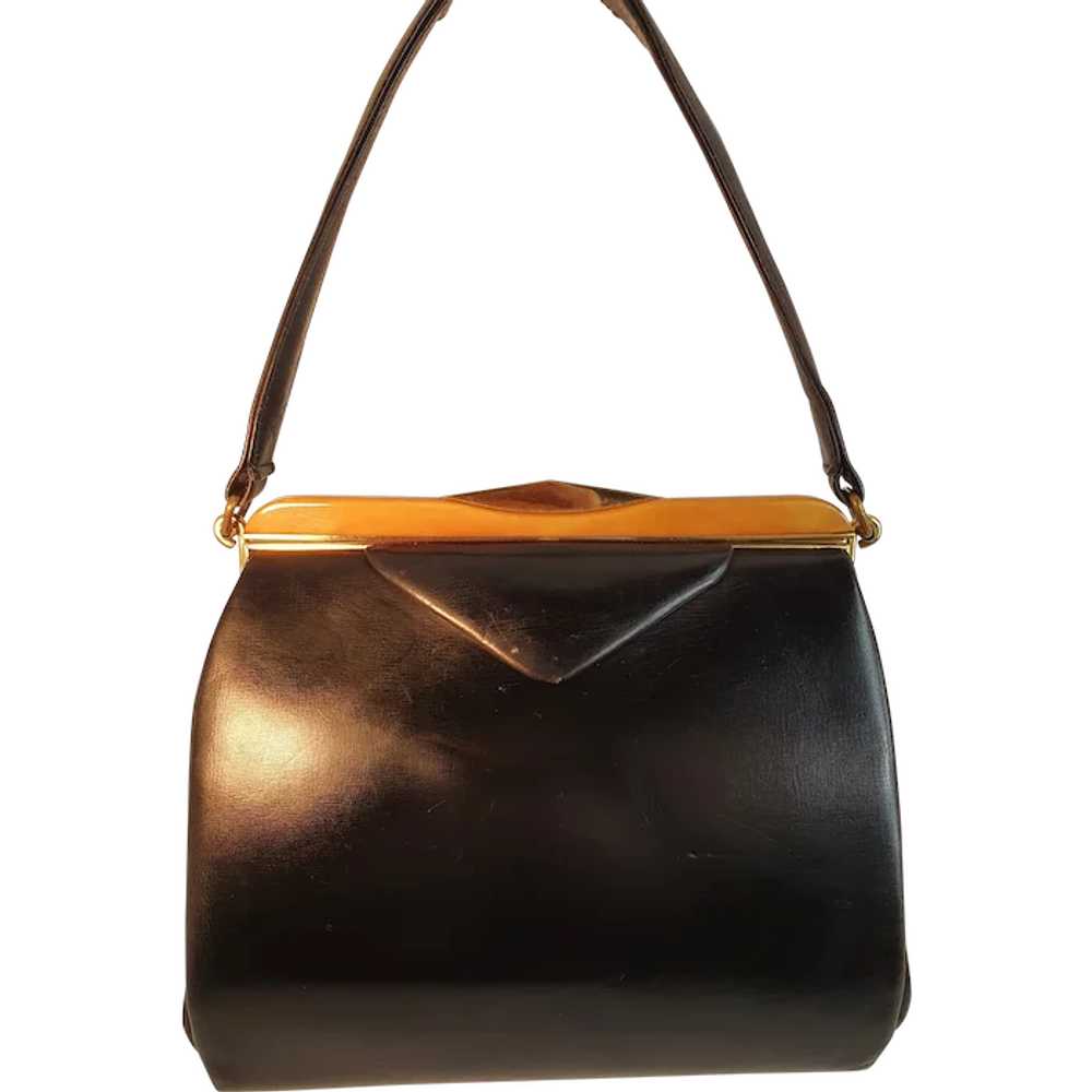 Vintage 1950s  black leather and bakelight handba… - image 1