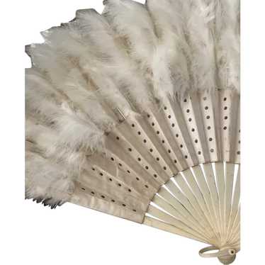 Gorgeous Antique Feather Trim Hand Fan Ivory Silk 