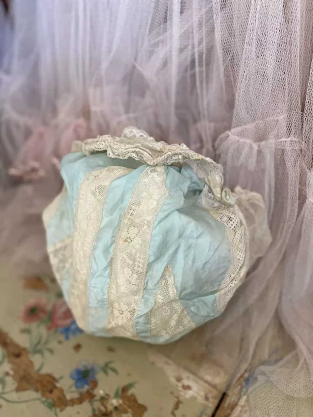 Antique Blue Silk Lace Boudoir Cap Sleeping Bonne… - image 10