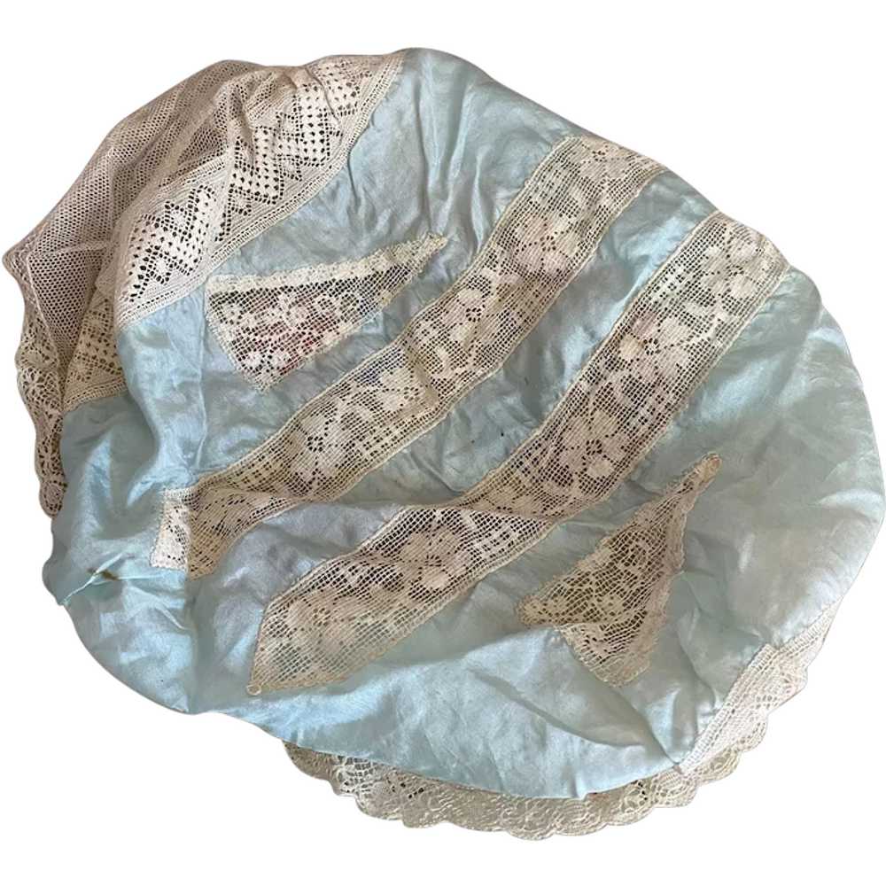 Antique Blue Silk Lace Boudoir Cap Sleeping Bonne… - image 1