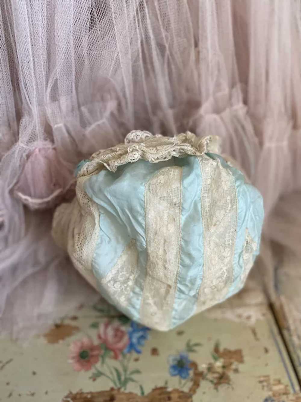 Antique Blue Silk Lace Boudoir Cap Sleeping Bonne… - image 8