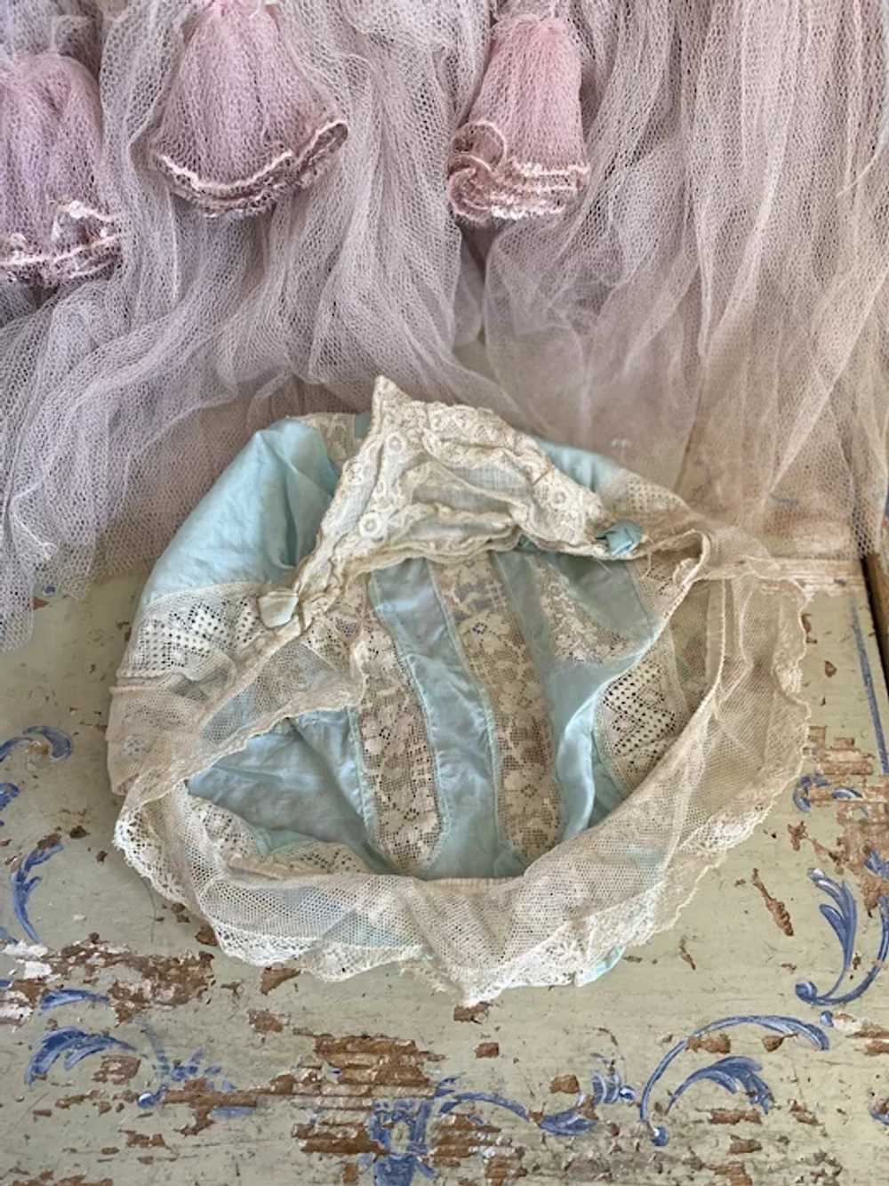 Antique Blue Silk Lace Boudoir Cap Sleeping Bonne… - image 9